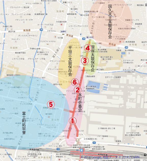 富士市富士本町　甲子祭にて　お囃子と山車引き回しに参加する町内分布図